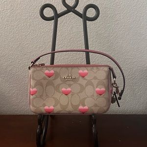 Coach Nolita 19 In Signature Canvas With Stripe Heart Print. Gold/Lt Khaki Multi